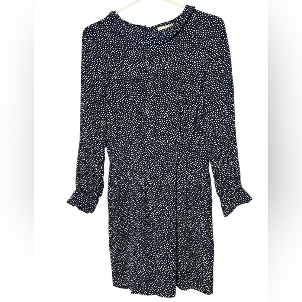 GANNI Navy Polka Dot Long Sleeve Mini Dress – Pleated Waist
